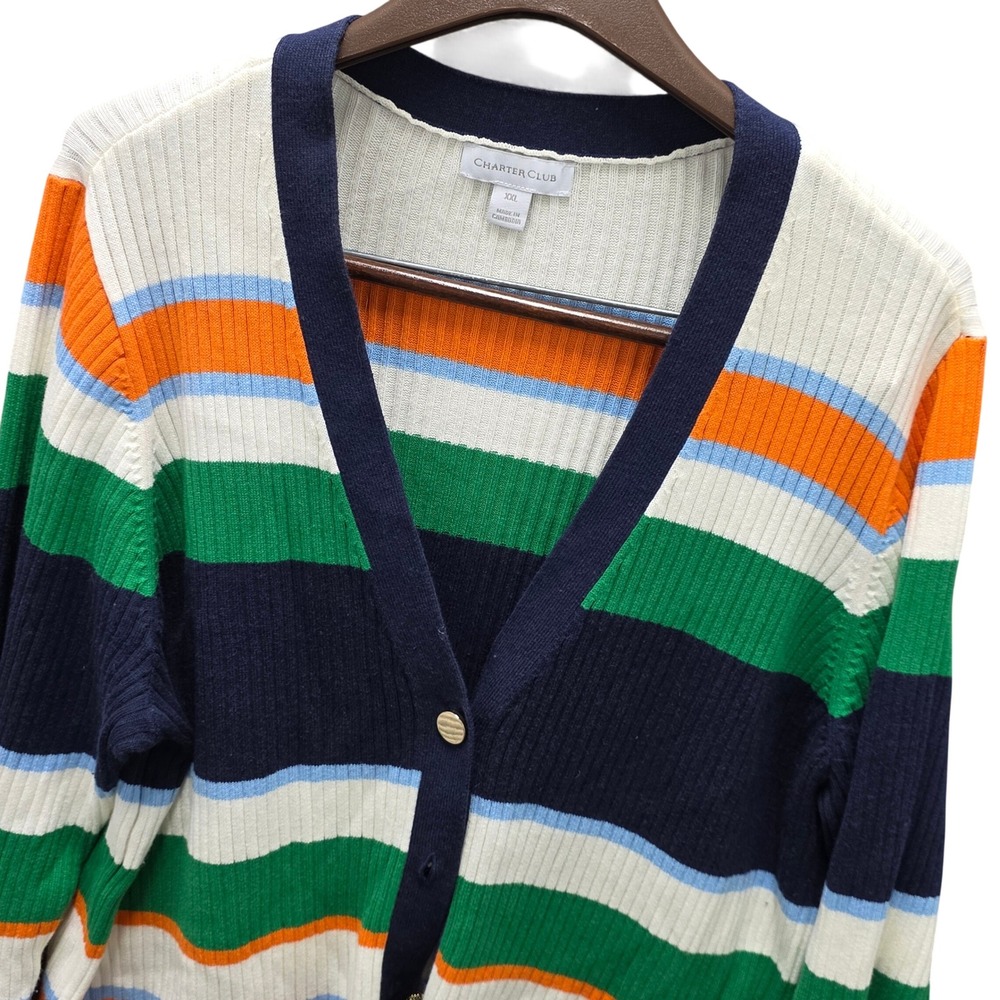 Charter Club Womens XXL Multi Color Striped Ribbed Knit‎ V-Neck Cardigan Sweater